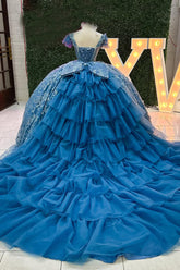 Grey Blue V-Neck Short Seeves Princess Appliqued Quinceanera Dress with Train